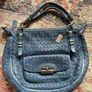 Coach Navy Blue Woven Leather Shoulder Bag with Gold Accents